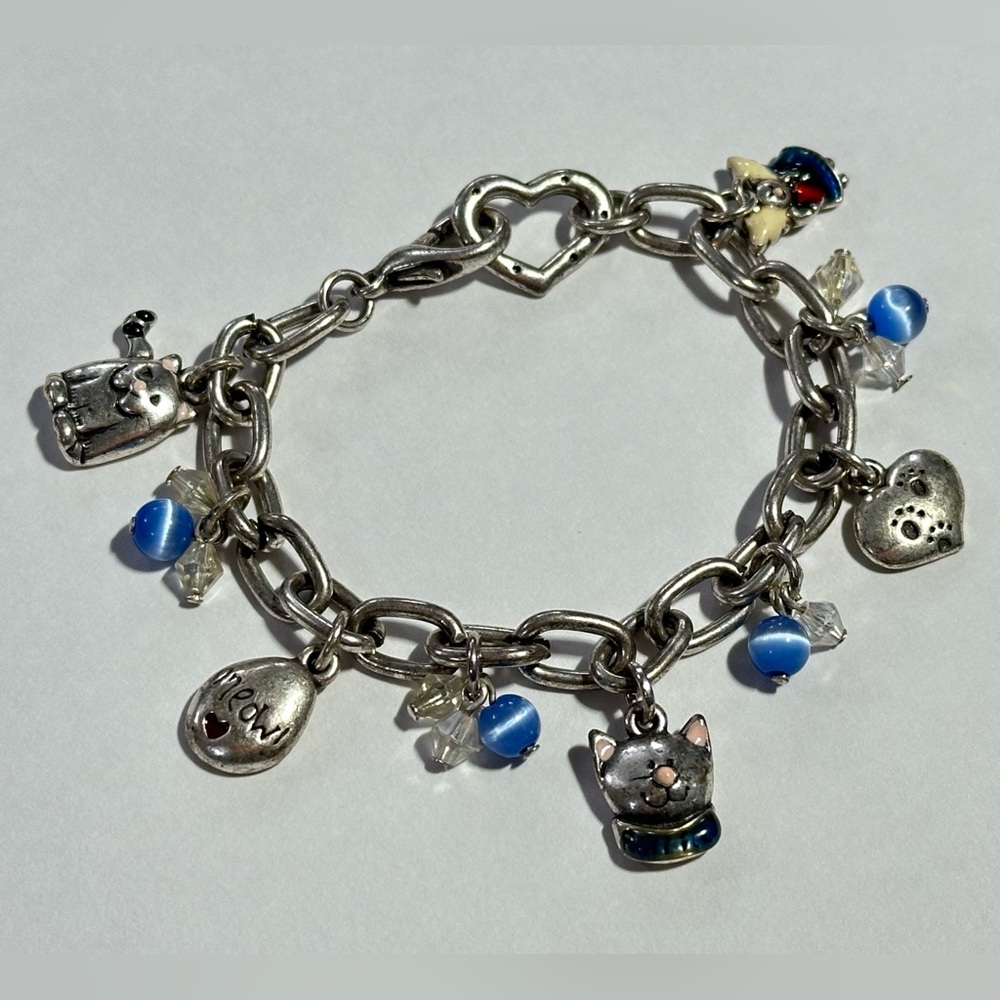 Y2K Cat Lady Cat Angel Beaded Charm Bracelet Kidcore 90s Heart Link Meow Emo